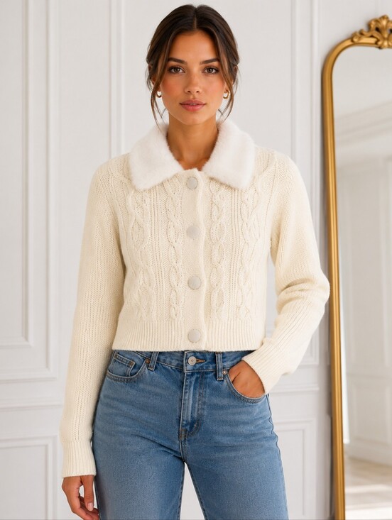 Planet Gold Sweaters - Planet Gold Ivory Cable Knit Cardigan Sweater w/ Faux Fur Collar | Size L